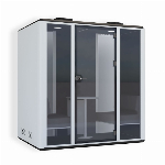 Imagem do produto CABINE DE REUNI&Otilde;ES PARA AT&Eacute; 4 PESSOAS. TAMANHO: 208X154X230CM. ESTRUTURA EM A&Ccedil;O E ALUM&Iacute;NIO. INTERIOR EQUIPADO COM 2 BANCOS ESTOFADOS, MESA CENTRAL EM DMF BRANCO, SENSOR DE PRESEN&Ccedil;A, ILUMINA&Ccedil;&Atilde;O LED, PLUG, CARREGAMENTO USB, VENTILA&Ccedil;&Atilde;O E PAIN&Eacute;IS AC&Uacute;STIC